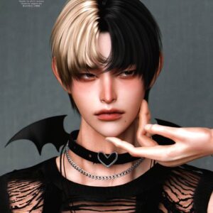 Personnage Sims 4 style gothique avec chaine cœur, pose peace sign
