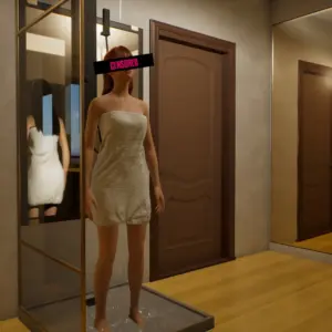 Personnage du jeu Les Sims 4 dans une salle de bain avec miroir.