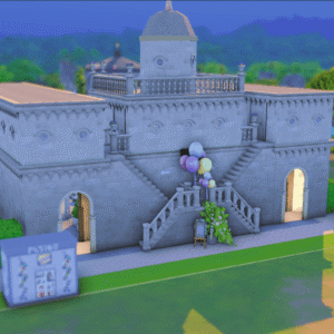 Château des Sims 4 avec ballons colorés et décor extérieur