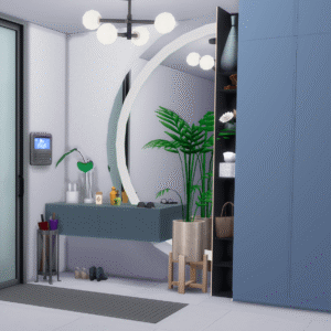 Entrée moderne *Les Sims 4* avec console, plantes et rangement