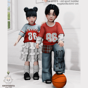 Sim 4 : enfants en tenue sportive avec ballon, jeu vidéo.