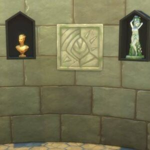 Décor de salle dans *Les Sims 4* avec statues et motifs muraux.