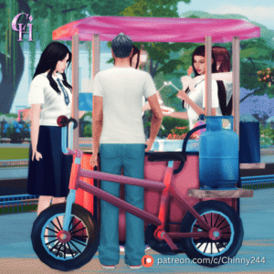 Jeu vidéo Les Sims 4 : stand de boissons avec trois personnages