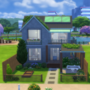 Maison moderne du jeu *Les Sims 4* avec jardin bien entretenu
