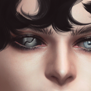 Portrait stylisé d'un personnage aux yeux exotiques, inspiré de *Les Sims 4*