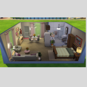 Intérieur de maison dans *Les Sims 4* avec salon, cuisine et chambre.