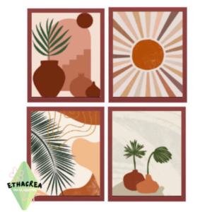 Illustrations thématiques tropicales pour *Les Sims 4* : plantes, poteries et soleil.