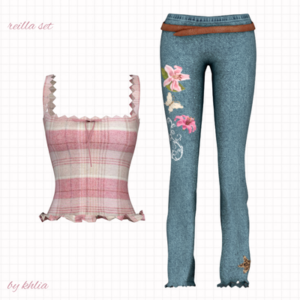 Ensemble Sims 4 : corset à carreaux rose et pantalon bleu à fleurs