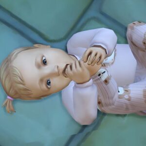 Bébé virtuel dans les Sims 4 jouant avec un téléphone