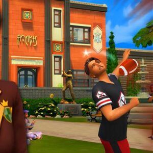 Jeune Sim jouant au frisbee devant un bâtiment dans *Les Sims 4*
