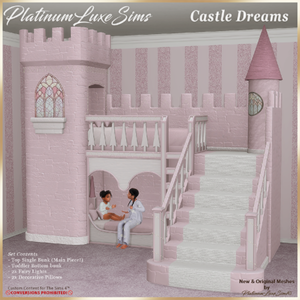 Château de rêve pour The Sims 4, jeu vidéo, intérieur rose avec escaliers et personnages.