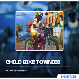 Enfant à vélo dans un quartier coloré du jeu Les Sims 4