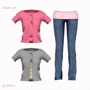 Ensemble Diana pour *Les Sims 4* : haut rose et gris avec pantalon bleu foncé