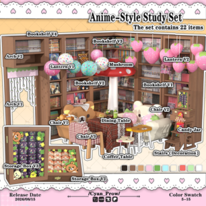 Ensemble d'étude style anime pour *Les Sims 4* avec 22 éléments.