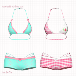 Ensemble bikini Isabelle pour *Les Sims 4*, couleurs pastel et rayures.
