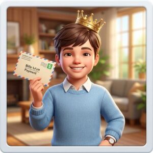 Enfant roi des Sims 4 tenant une enveloppe de paiement de facture