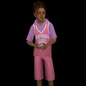 Enfant dans Sims 4 portant un maillot de basket rose et violet