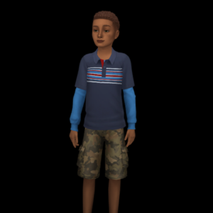 Personnage masculin dans Sims 4 en pull bleu et shorts camouflage
