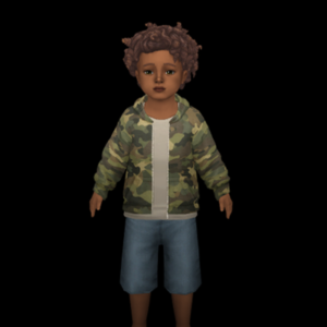 Enfant virtuel Sims 4 en veste camouflage et short bleu