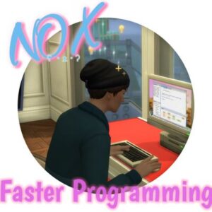 Personnage des Sims 4 codant rapidement à un bureau avec écran et clavier