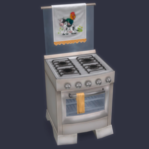 Plaque et four de cuisine style jeu *Les Sims 4* avec torchon suspendu