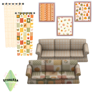 Canapé et décors automnaux pour *Les Sims 4* avec motifs variés.
