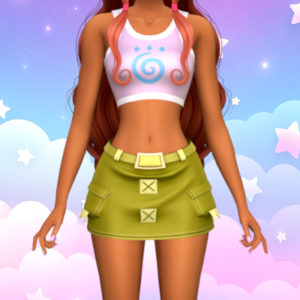Personnage Sims 4 en tenue courte colorée, ciel étoilé