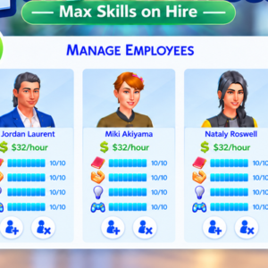 Gestion des employés dans *Les Sims 4* : Jordan, Miki et Nataly à 32$ de l'heure.