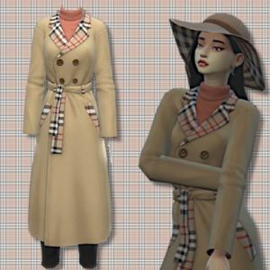 Mannequin et avatar du jeu *Les Sims 4* en trench beige à ceinture plaid