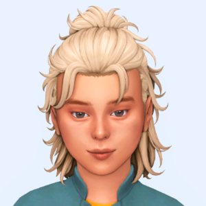 Personnage de *Les Sims 4* avec cheveux blonds bouclés