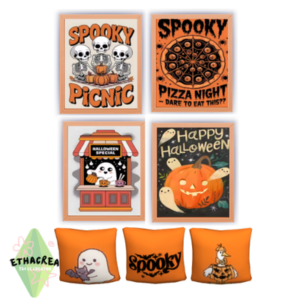 Coussins et affiches Halloween pour *Les Sims 4* : pique-nique effrayant, pizza, et décorations orange.