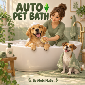Jeune femme baignant deux chiens dans un bain, jeu *Les Sims 4*