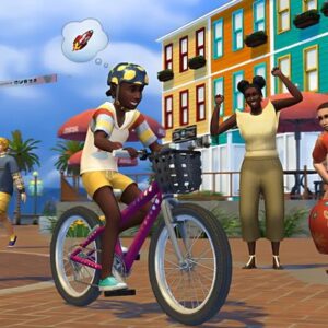 Jeune Sim cycliste en ville, jeu Les Sims 4