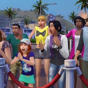 Personnages du jeu Sims 4 sur une attraction en bord de mer