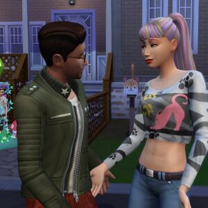Deux Sims 4 discutant dans un décor urbain coloré