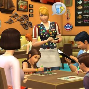 Jeu vidéo Les Sims 4 : scène café avec clients et serveuse