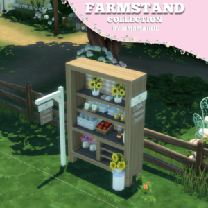 Étagère de collection pour jeu Les Sims 4 avec fleurs et produits.