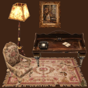 Bureau vintage style pour *Les Sims 4*, ambiance salon cosy