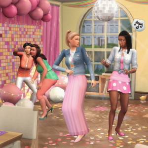 Quatre personnages du jeu Sims 4 dans une fête colorée.