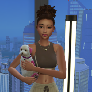 Jeune femme dans Sims 4 tenant un chien sur un balcon urbain