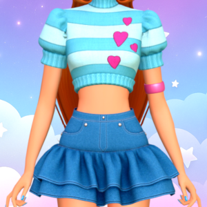 Personnage Sims 4 en tenue turtleneck rayée et jupe plissée bleue