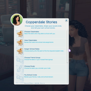 Capture d’écran : choix de camarades dans *Les Sims 4 : Histoires de Copperdale*