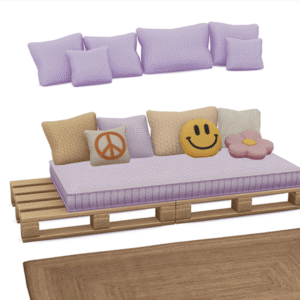 Lit enfant Sims 4 avec coussins colorés et accessoires mignons