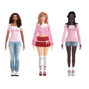 Six avatars féminins stylisés du jeu *Les Sims 4* en tenues pastel