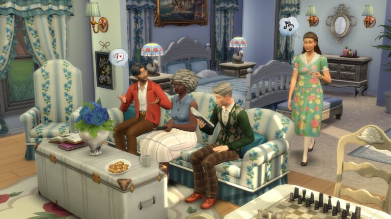 Scène de salon dans *Les Sims 4* avec quatre personnages en discussion.