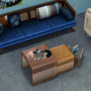 Salon du jeu vidéo Les Sims 4 avec canapé, table basse et accessoires.