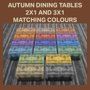 Tables à manger automnales pour *Les Sims 4* en couleurs assorties 2x1 et 3x1