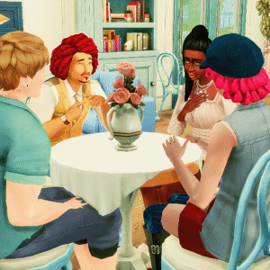 Trois personnages du jeu Sims 4 discutant autour d'une table dans un café.