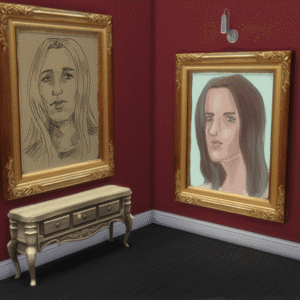 Portraits de Sims 4 encadrés sur un meuble doré