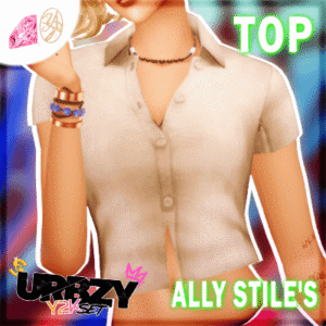 Personnage Sims 4 en chemise blanche stylée, accessoires colorés.